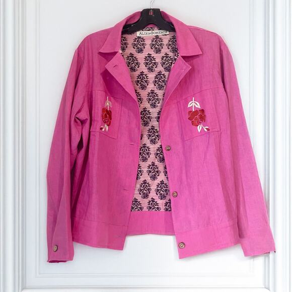 ALIX OF BOHEMIA Linen Rose Embroidered Jacket in Hot Pink Size M/L - Picture 1 of 14